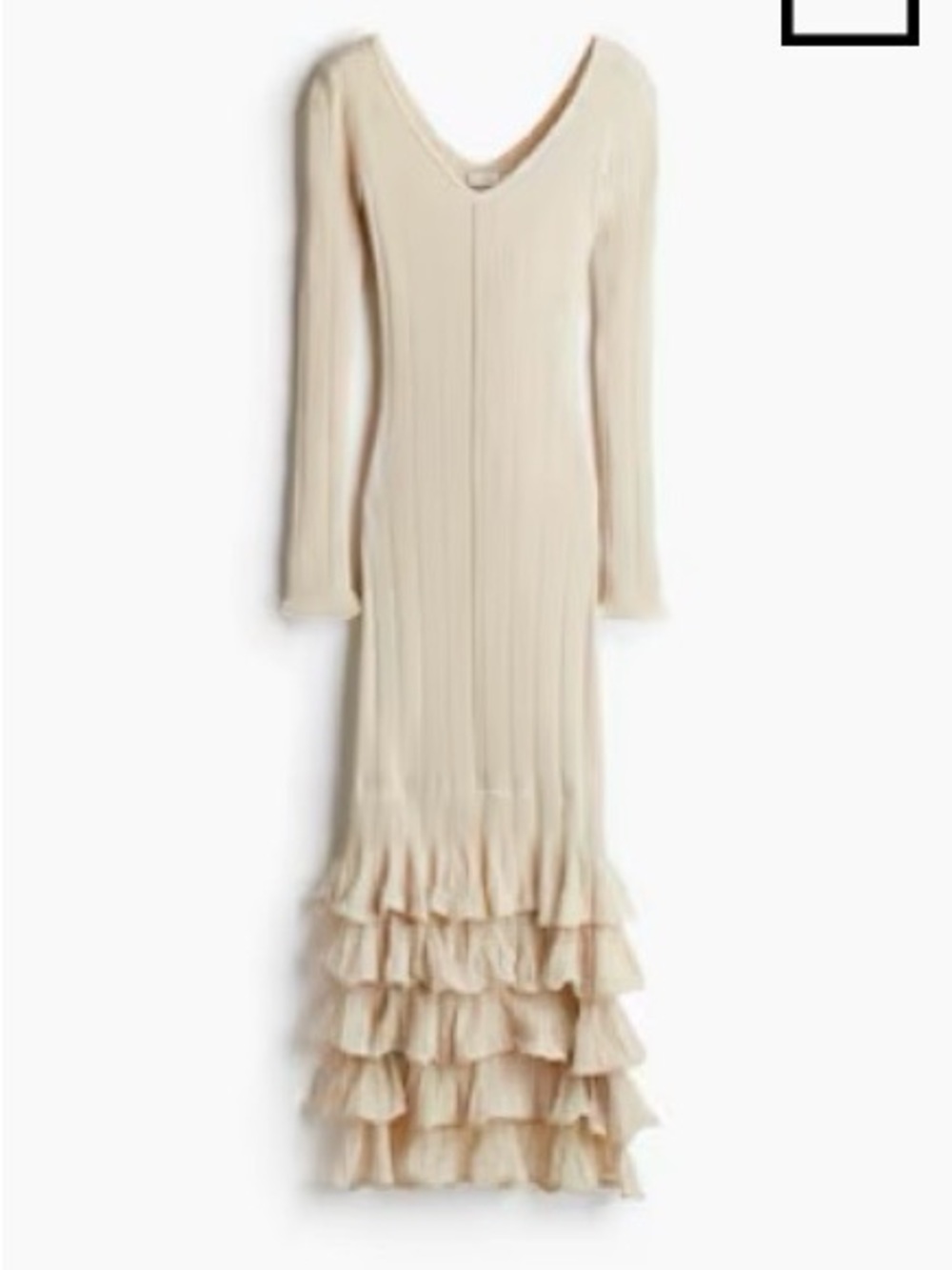 H&M Premium Edition Ribbed V-Neck Long Sleeve Cream Maxi Dress with Ruffled Hem